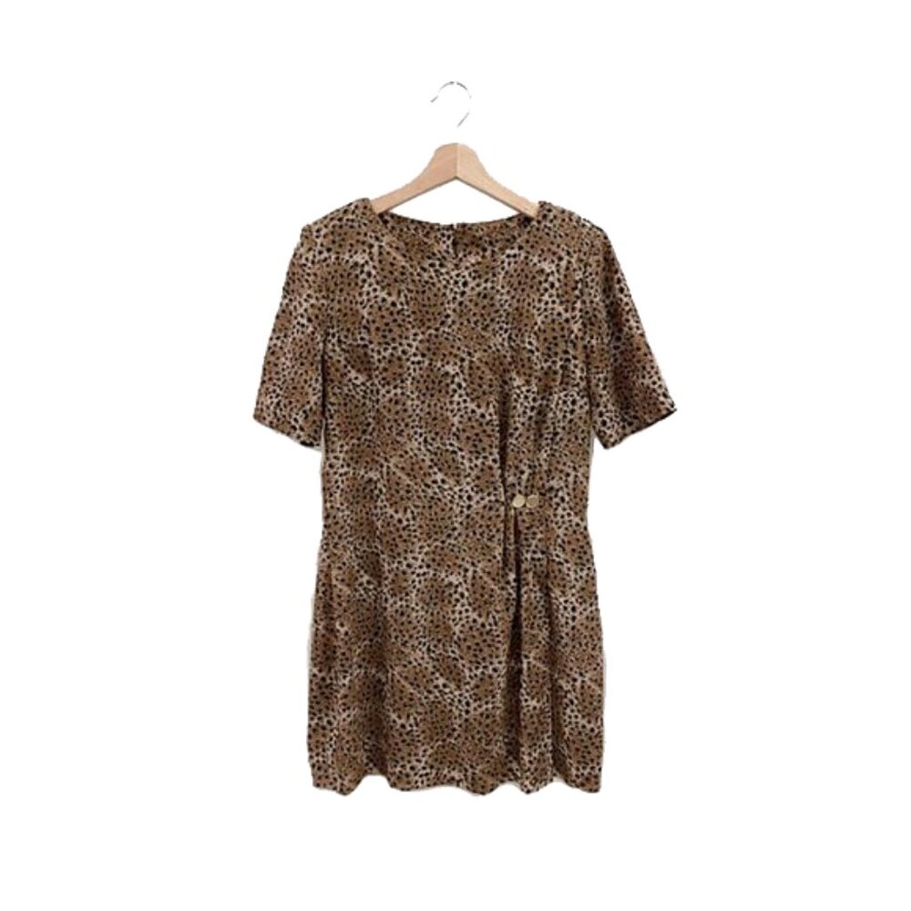 vintage | 80s leopard party animal print short sleeve raw hem mini dress | sz m